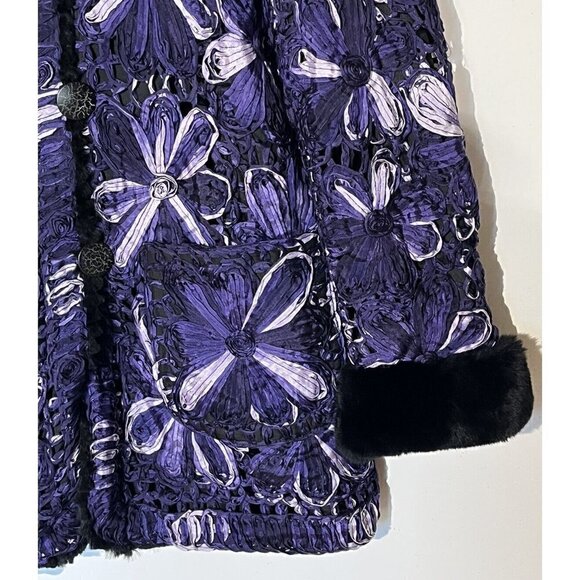New Tapestry Art Purple Black 100% Silk Rabbit Fur Jacket Coat - Picture 5 of 8